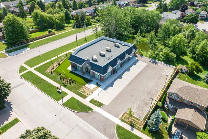 Aerial view of the finished New Plaza Development and its parking area