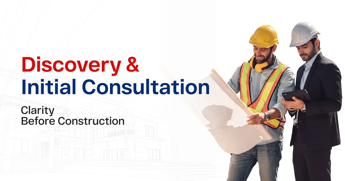 A site worker in a yellow hard hat and hi-vis vest holding an unrolled drawing beside a man in a suit with a tablet