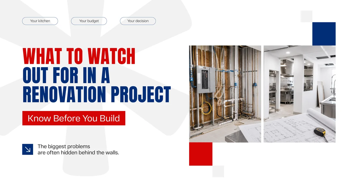 Banner reading What to Watch Out for in a Renovation Project, beside photos of an opened wall exposing an electrical panel and plumbing lines, and a finished kitchen area with floor plans and a tape measure on the counter