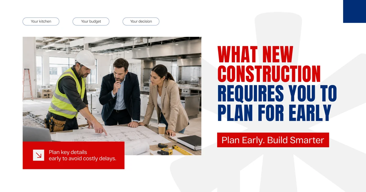Banner reading What New Construction Requires You to Plan for Early, beside a photo of a site supervisor in a hard hat and high visibility vest going over floor plans with two colleagues in an unfinished kitchen space