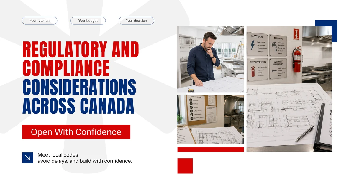 Banner reading Regulatory and Compliance Considerations Across Canada, beside photos of a man reviewing drawings in a commercial kitchen, a wall of compliance signage covering electrical, plumbing, fire suppression and equipment clearances, and a set of kitchen floor plans