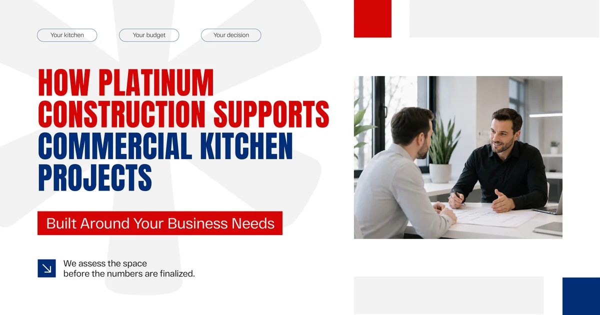 Banner reading How Platinum Construction Supports Commercial Kitchen Projects, beside a photo of two men in conversation across a desk with drawings spread between them