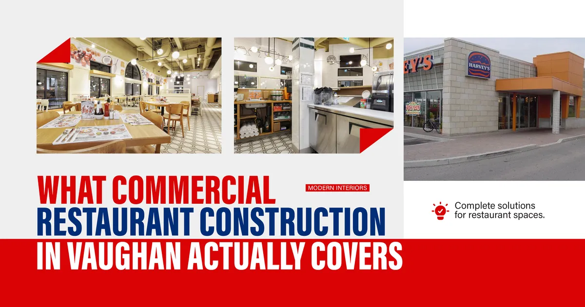 Banner reading What Commercial Restaurant Construction in Vaughan Actually Covers, modern interiors, complete solutions for restaurant spaces, beside photos of a dining room, a commercial kitchen and a restaurant storefront