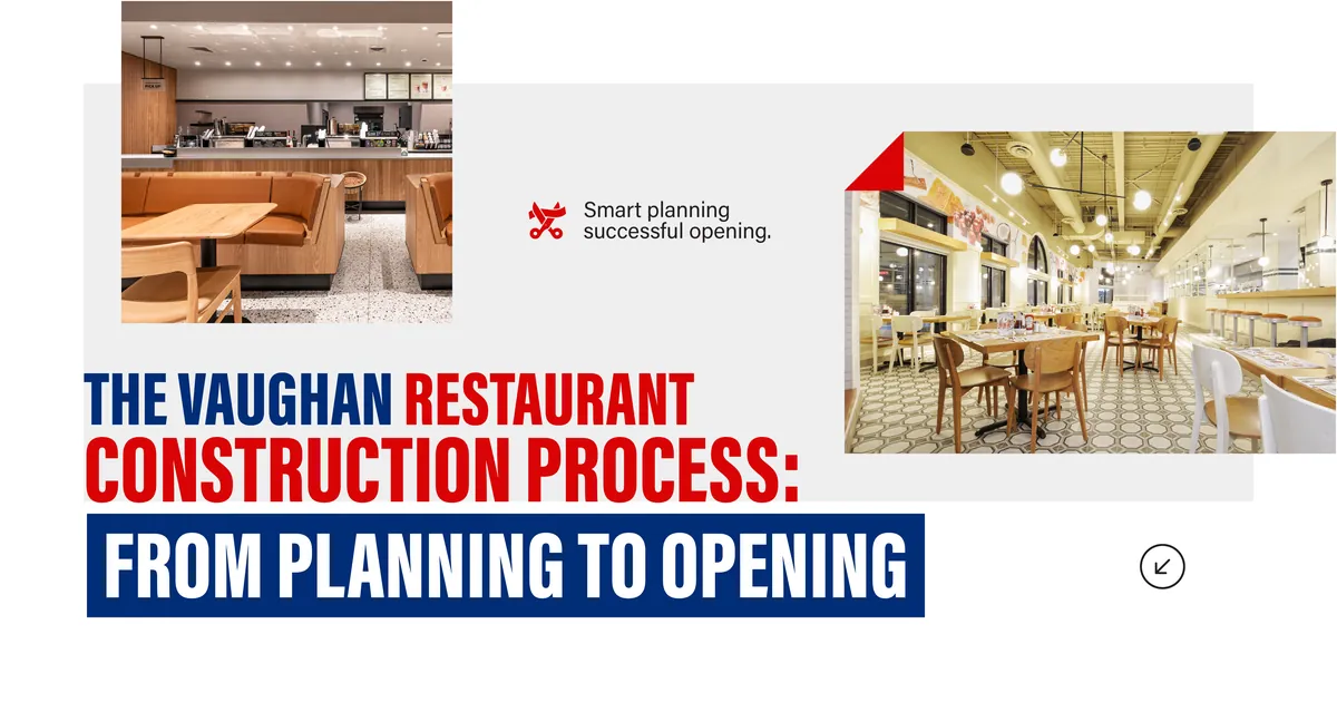 Banner reading The Vaughan Restaurant Construction Process: From Planning to Opening, smart planning, successful opening, beside photos of a dining area with booths and a café with pendant lights