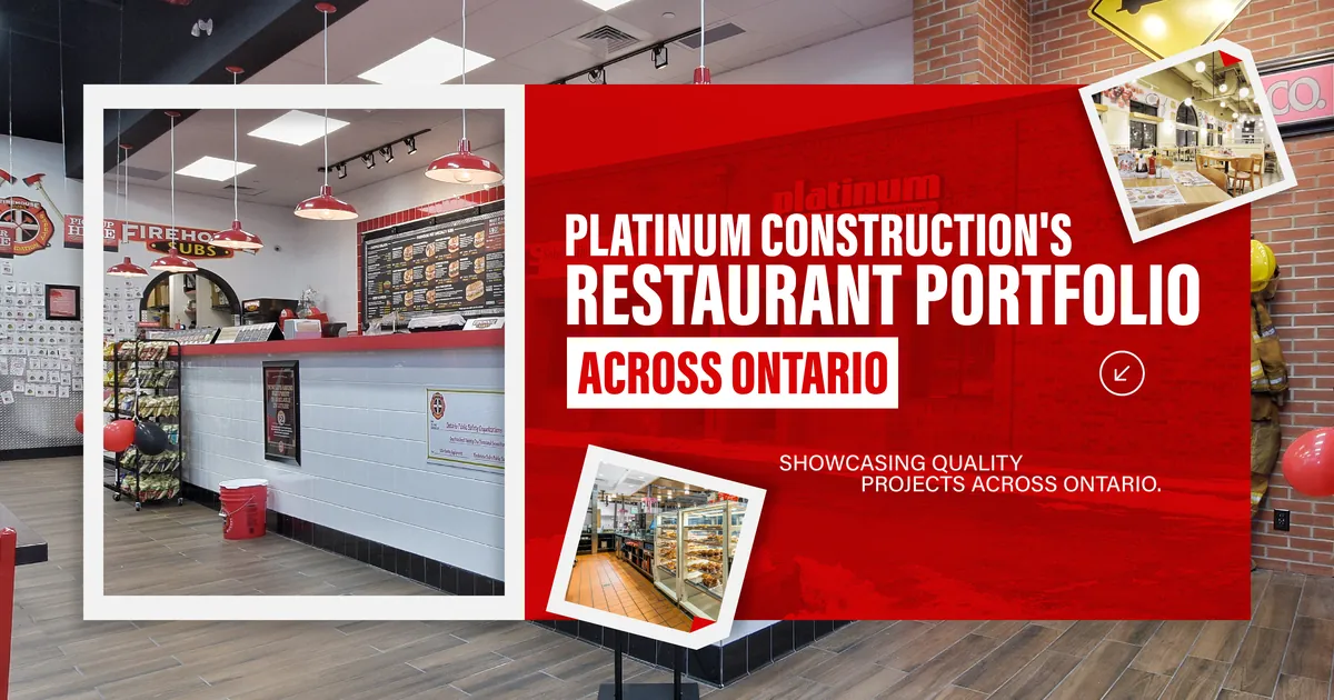 Banner reading Platinum Construction's Restaurant Portfolio Across Ontario, showcasing quality projects across Ontario, over photos of a restaurant service counter under menu boards