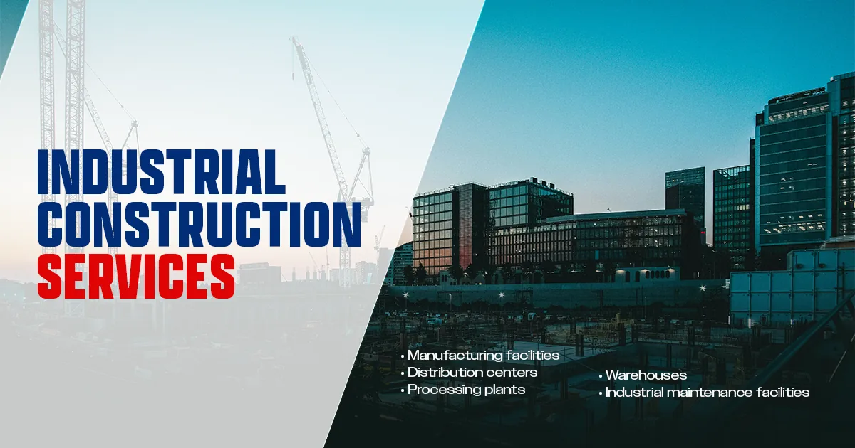 Industrial waterfront development at dusk, with tower cranes on one side and completed office and plant buildings on the other