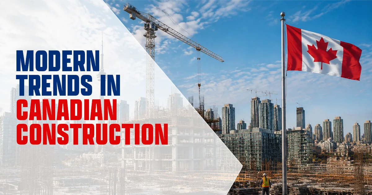 Canadian flag flying over a city skyline of high-rise towers under construction, with tower cranes in the background