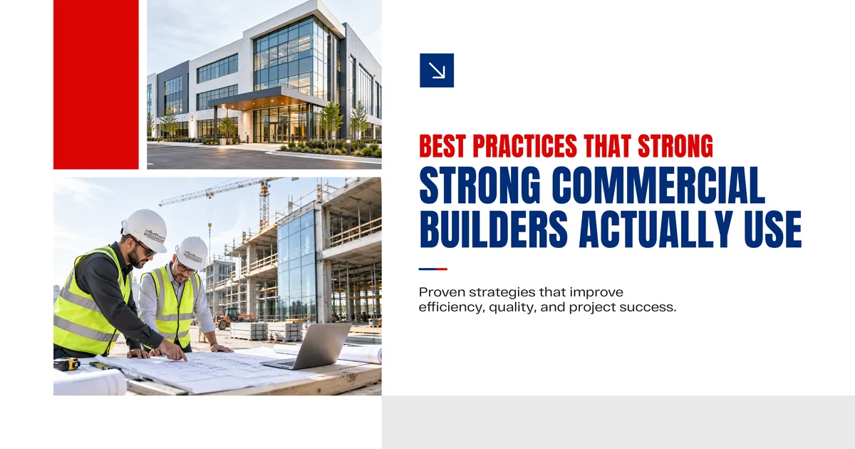 Banner reading Best Practices That Strong Commercial Builders Actually Use, beside photos of a finished modern commercial building and two workers in hard hats reviewing blueprints on site
