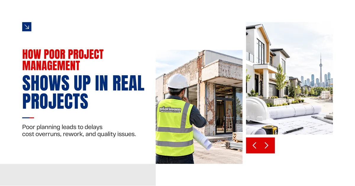 Banner reading How Poor Project Management Shows Up in Real Projects, beside photos of a worker in a high-visibility vest outside an unfinished storefront and a new residential street with a city skyline behind