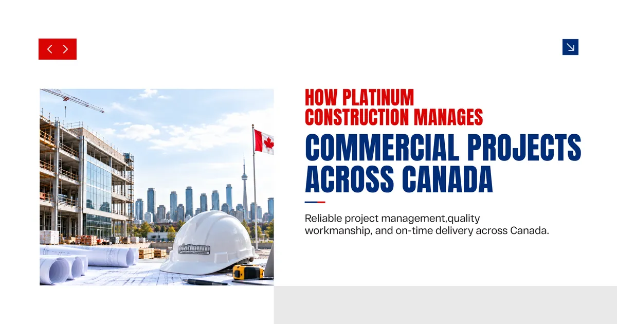 Banner reading How Platinum Construction Manages Commercial Projects Across Canada, beside a photo of a white hard hat and rolled blueprints on a site with a Canadian flag and a city skyline behind