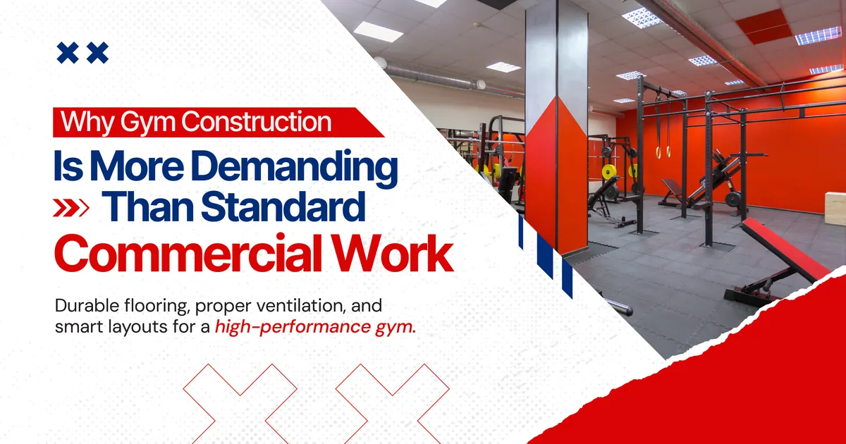Banner reading Why Gym Construction Is More Demanding Than Standard Commercial Work, durable flooring, proper ventilation, and smart layouts for a high-performance gym, beside a photo of a training floor with squat racks and benches on rubber tiles against a red wall