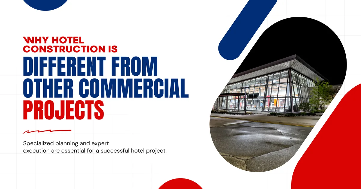 Banner reading Why Hotel Construction Is Different From Other Commercial Projects, beside a photo of a glass-fronted commercial building at night