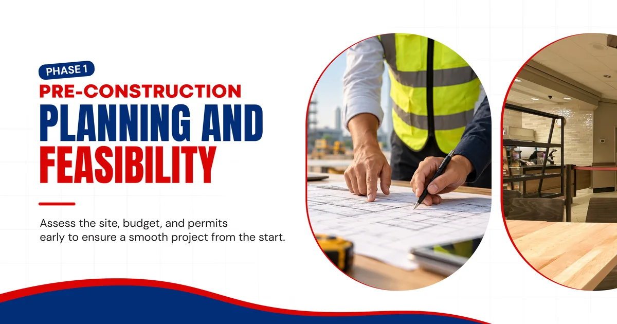 Banner reading Phase 1, Pre-Construction Planning and Feasibility, beside photos of a site worker marking up plans and a hotel interior
