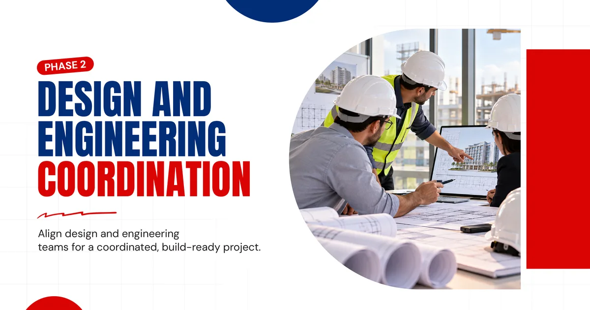 Banner reading Phase 2, Design and Engineering Coordination, beside a photo of engineers in hard hats reviewing drawings on a laptop