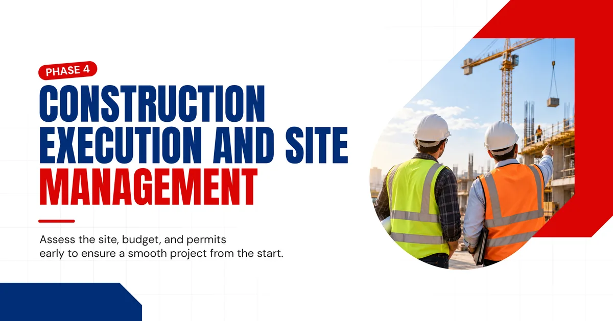 Banner reading Phase 4, Construction Execution and Site Management, beside a photo of two site supervisors watching a crane on a building under construction