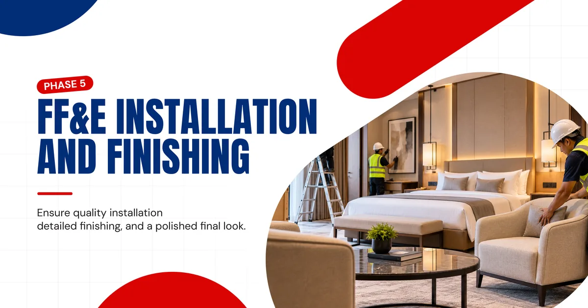 Banner reading Phase 5, FF&E Installation and Finishing, beside a photo of installers finishing a furnished hotel guest room