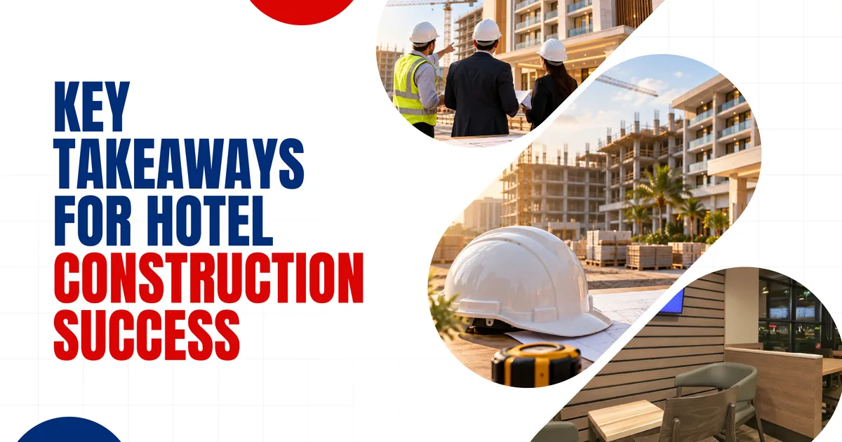 Banner reading Key Takeaways for Hotel Construction Success, beside photos of a site team, a hotel under construction and a hard hat
