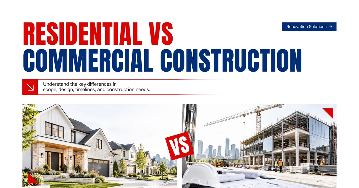 Banner reading Residential vs Commercial Construction, above photos of a finished house and a commercial building under construction with a crane