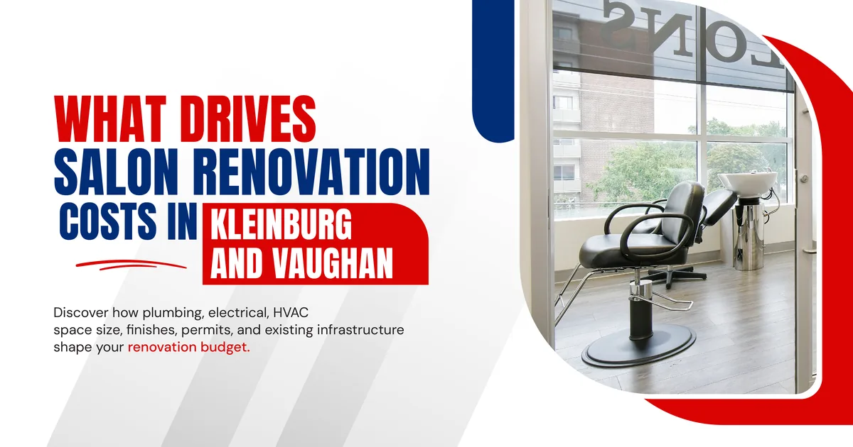 Banner reading What Drives Salon Renovation Costs in Kleinburg and Vaughan, beside a photo of a salon shampoo chair and basin by a window