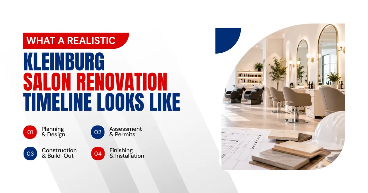 Banner reading What a Realistic Kleinburg Salon Renovation Timeline Looks Like, listing planning and design, assessment and permits, construction and build-out, finishing and installation