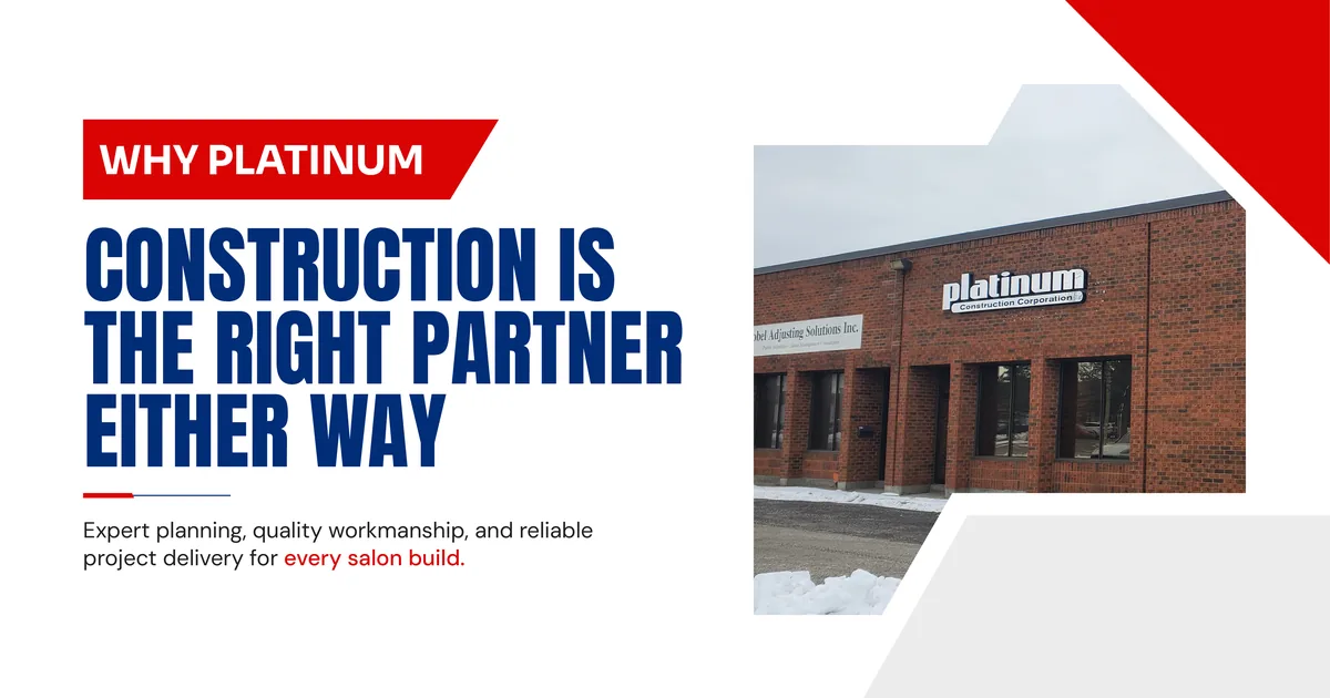 Banner reading Why Platinum Construction Is the Right Partner Either Way, beside a photo of the Platinum Construction Corporation office building