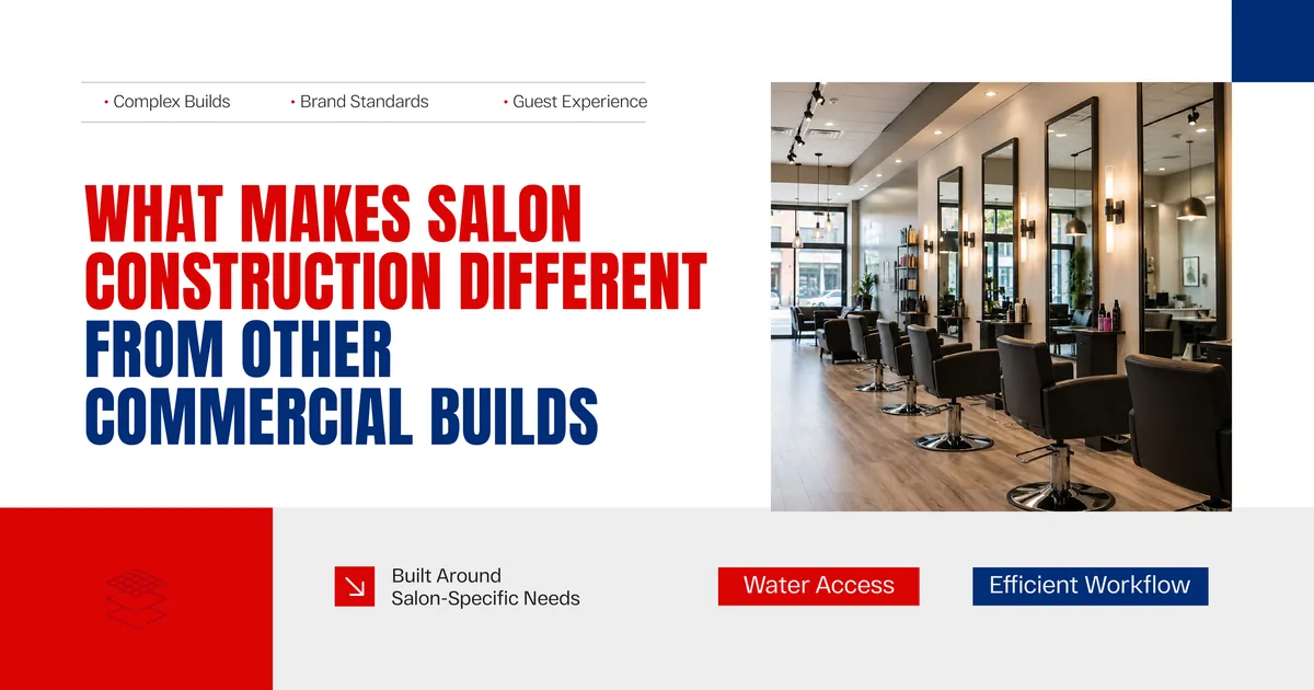 Banner reading What Makes Salon Construction Different From Other Commercial Builds, beside a photo of a salon interior with styling chairs, wall mirrors and pendant lighting