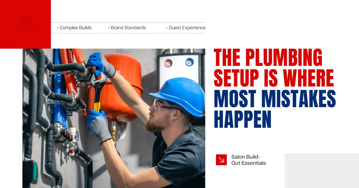 Banner reading The Plumbing Setup Is Where Most Mistakes Happen, beside a photo of a plumber in a blue hard hat fitting valves to a manifold of red and blue water lines