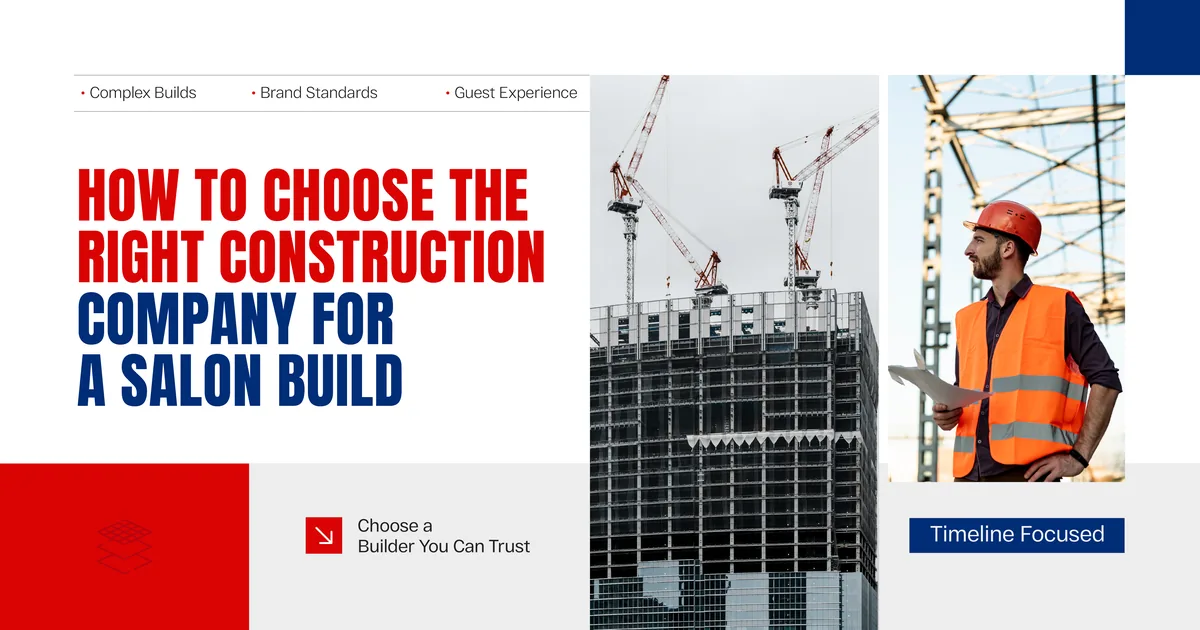 Banner reading How to Choose the Right Construction Company for a Salon Build, beside photos of a high rise under construction with tower cranes and a supervisor in an orange vest holding a tablet