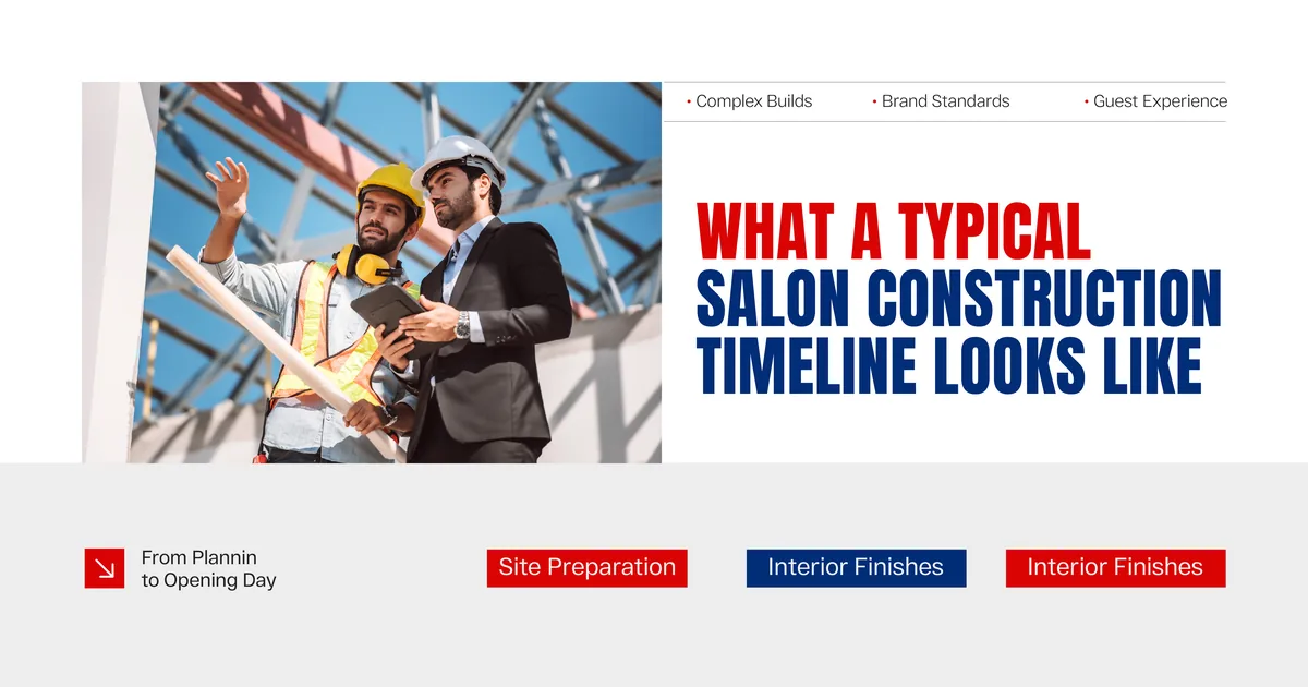 Banner reading What a Typical Salon Construction Timeline Looks Like, beside a photo of a site supervisor in a hard hat pointing something out to a colleague holding a tablet under a steel roof structure