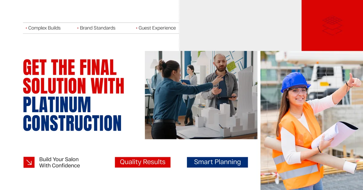 Banner reading Get the Final Solution With Platinum Construction, beside photos of a design team around a scale model and a smiling site engineer in an orange vest holding drawings