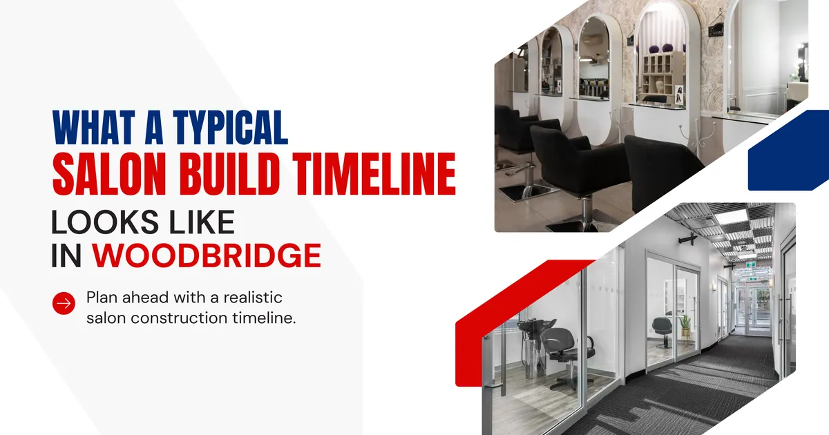 Banner reading What a Typical Salon Build Timeline Looks Like in Woodbridge, plan ahead with a realistic salon construction timeline, beside photos of styling stations with arched mirrors and a corridor of glass fronted salon suites
